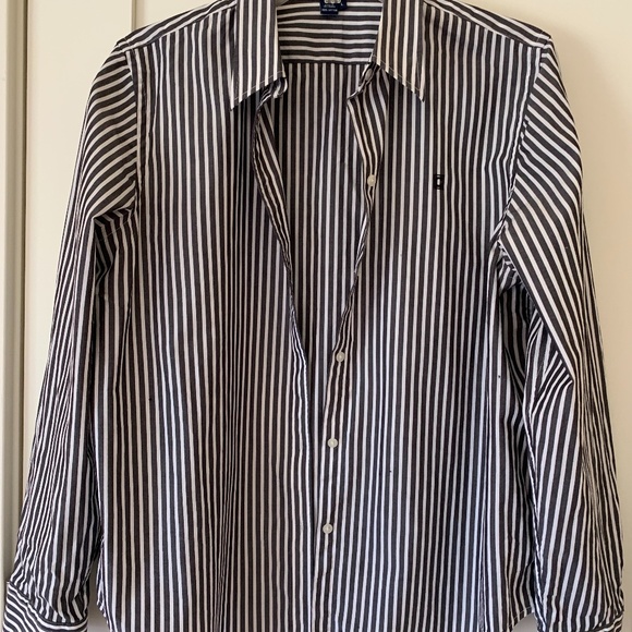 CHAPS WOMEN’S BLOUSE GRAY AND WHITE STRIPPED SIZE L - Picture 1 of 5
